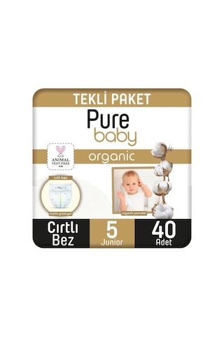Pure Baby Organik Pamuklu Cırtlı Bez Tekli Paket 5 Numara  Junior 40 Adet