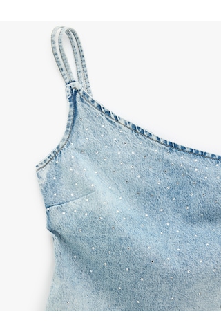 Koton Rahat Kalıp Taş Detaylı Pamuklu Fermuarlı Askılı Asimetrik Denim Bluz Açık İndigo 6sal30035md