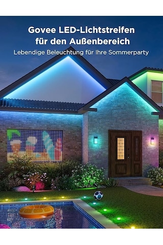 Govee Dış Mekan Led Şerit 20m, Ip65 Su Geçirmez, Alexa İle Çalışır, Uygulama Kontrolü, Segment Kontrollü Rgbıc Led Şerit, Renk Değiştirme, Müzik Senkronizasyonu, Çatı Balkon Bahçe Dış Mekan Dekorasyonu İçin Siyah