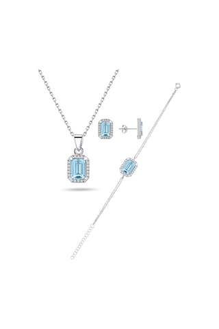 Brezza Lusso Jewelry Enesstore 925 Ayar Gümüş Aquamarin Taşlı Baget Kolye Küpe Bileklik Set