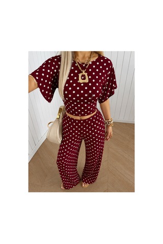 Wild Flower Kadın Puantiyeli İkili Takım Crop Bluz Bol Paça Pantolon Bordo