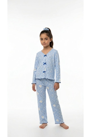 Divinus Panda Desenli Kız Çocuk Pijama Takımı Mavi