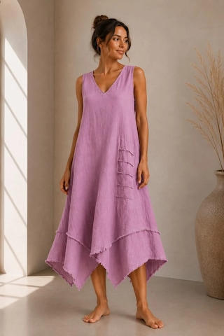Bb Butik Basic İtalyan Keten V Yaka Asimetrik Salaş Elbise Dm0935 Pudra