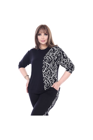 Melsay Butik Siyah Truvakar Kol Yarım Zigzag Garnili Viskon Büyük Beden Takım Siyah
