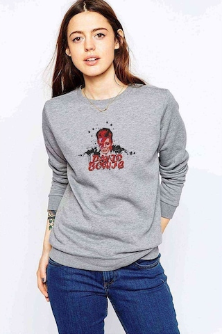 David Bowie Baskılı Gri Kadın Sweatshirt