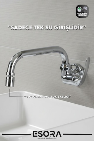 Duvardan Tek Su Girişli Oynar Başlıklı Lavabo Musluğu Bataryası Krom