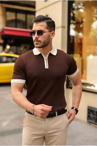 Efnaz Style Erkek Yaka Ve Kol Detaylı Fermuar Yakalı Çizgi Desen Kısa Kollu Triko Tişört Kahverengi