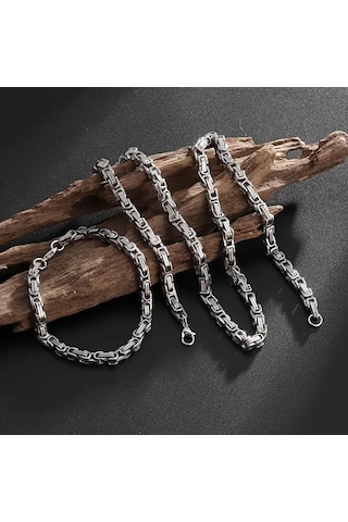 Silver Renk Tamamı Saf Çelik Kral Erkek Kolye Bileklik Set 4mm Gümüş
