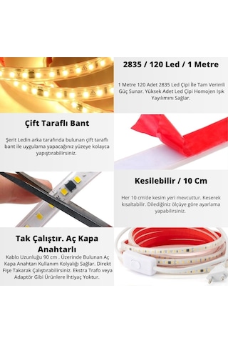Şerit Led Gün Işığı 220v Yüksek Parlaklık 120 Led/m Tak Çalıştır Fişli Anahtarlı Silikonlu İç/dış M 30 Metre