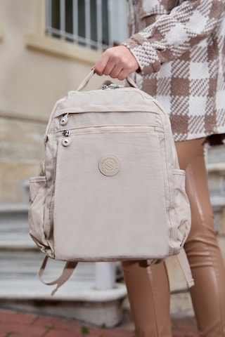 Sanmorris Unisex Suya Dayanıklı Krinkıl Kumaş Çok Gözlü Krem Laptop Okul Ve Sırt Çantası Krem