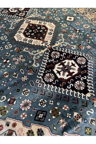 Asaryün Halı Ipek H4320at Mavi İpeksi Geleneksel Renkli Göbekli Klasik Desen Salon Halısı Modern Renkli