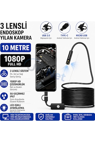 Uninet Türkiyede Ilk 10 Metre 3 Kameralı Android Ve Bilgisayar Uyumlu Endoskop Yılan Kamera 1080p Full Hd