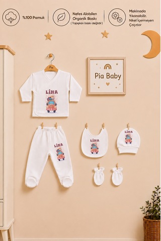 Pia Baby Kişiye Özel %100 Pamuk 5 Parça Kız Bebek Zıbın Seti 2075zyx Krem
