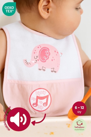 Düdüklü Cepli Sıvama Mama Önlüğü - Mutlu Fil Pembe Bebek Önlüğü Açık Pembe