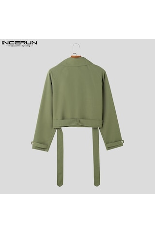 Incerun Erkek Düz Renk Kırpılmış Rahat Yaka Rüzgarlık Mont Ceketler Haki