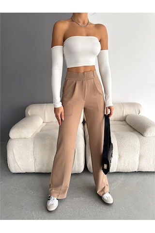 Nevege Butik Nevege Beli Cırtlı Likralı Krep Kumaş Palazzo Pantolon Camel