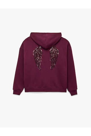 Koton Pullu Payetli Dansçı Sweatshirt Melek Kanat Detaylı Kapüşonlu Rahat Kalıp Fermuarlı Mürdüm 7wal10495ık Mor