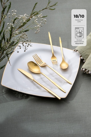 Emsan Alisa 30 Parça 6 Kişilik Parlak Gold Kutulu Çatal Kaşık Bıçak Takımı Gold