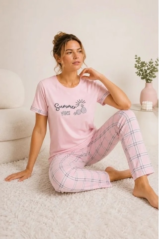 Modi Pamuklu Penye Summer Baskılı Kısa Kollu Pijama Takımı Ekose Desenli - Pembe