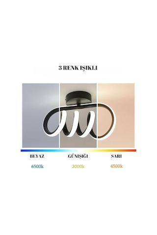Burgu Siyah Tavana Sıfır 3 Renk Işıklı Led Avize Siyah