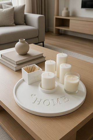 25 Cm Özel Tasarım "home" Temalı Yuvarlak Dekoratif Tepsi / Mum Tepsisi / Biblo Tepsisi Beyaz