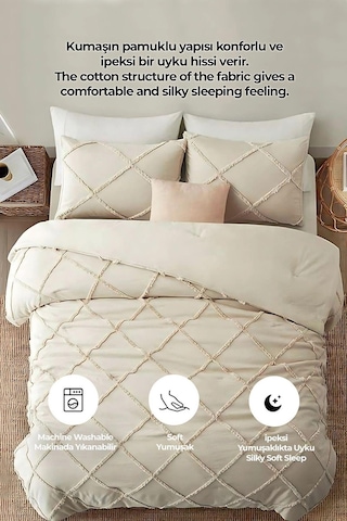 Evlen Home Pamuklu Aimar Yatak Örtüsü Takımı Çift Kişilik Günlük Boho 3 Parça Elyaf Dolgulu Bej Bej