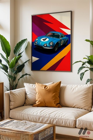 Mavi Ralli Arabası Pop Art, Siyah Çerçeveli Duvar Tablosu - Oto Severlere Özel Hediye