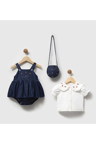 Ministok Cherry Nakış İşlemeli Gömlekli Çanta Aksesuarlı Kız Bebek Romper Lacivert