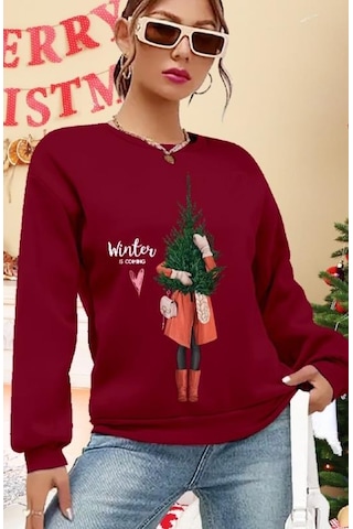 Kadın Uzun Kollu Bisiklet Yaka Desenli Viskon Iki Iplik Bluz Bordo