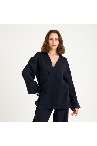 %100 Pamuklu Dokuma İçten Bağlamalı Müslin Kimono-pantolon Alt Üst Takım Siyah