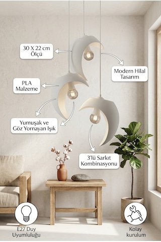 3 Lü Beyaz Hilal Sarkıt Avize - Dekoratif Modern Tasarım E27 Duy Lamba - Ayarlanabilir Boy Antre Aydınlatma