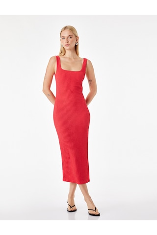 Koton Koton X Sibil Çetinkaya - Kare Yaka Kalın Askılı Bodycon Uzun Kalem Elbise Kırmızı 6sak80080uk