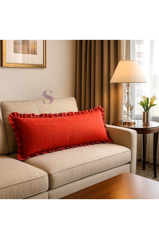 Fırfırlı Vintage Buldan Keten Kırmızı Renk Iskandinav Uzun 40x100 Kırlent Yastık İçi Dolgulu Kırmızı