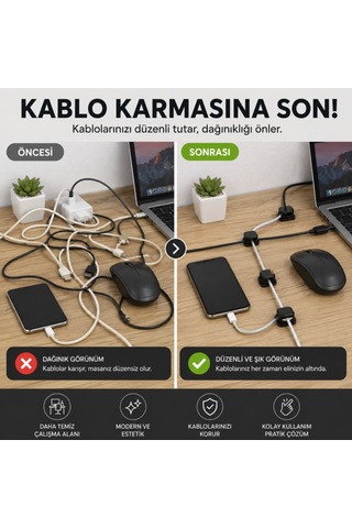 Polham 6 Lı Set Klipsli Kablo Tutucu Yapışkanlı Masaüstü Kablo Düzenleyici, Şarj Usb Mouse Kulaklık Kablo Sabitleyici