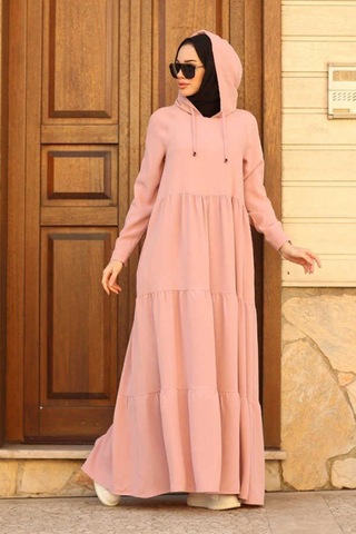 Neways 6531-Krep Kapüşonlu Reglan Kollu Elbise Pudra