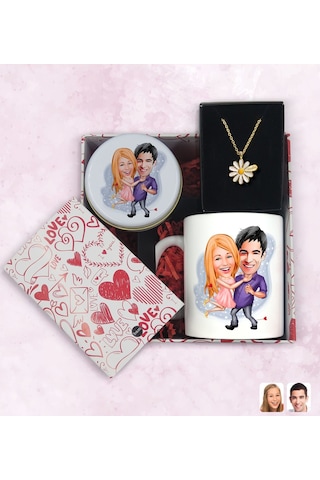 BK Gift Sevgiliye Özel Karikatürlü Kutuda Hediye Seti, Kupa Bardak, Sevgili Hediyesi, İsimli Papatya Kolye, Kokulu Mum,Yıl Dönümü Hediyesi-1