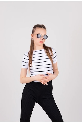 Kız Çocuk Sırt V Çizgili Triko Bluz - Beyaz