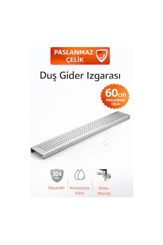 60 Cm Lineer Duş Gider Izgarası 304 Paslanmaz Çelik 5 Cm Genişlik Üst Kapak