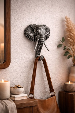 Dekoratif Geyik & Fil Duvar Askısı 15 Cm Metal Görünümlü Anahtarlık & Çanta Askılığı Krem