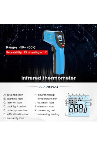 Vkemall Endüstriyel Enfrared Sıcaklık Ölçer -50 C/+400 C - Dijital Lcd Ekranlı, Aaa Pil İçeren El Tipi Termometre