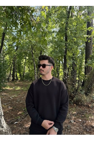 Erkek Oversize Bisiklet Yaka Geniş Kesim Sweatshirt SIYAH