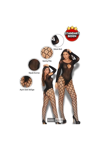 Opak Korseli Uzun Kollu Dekolteli Yonca Desen Çorap Detaylı Siyah Kadın Fantezi Vücut Çorabı Siyah
