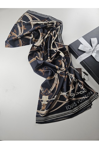 Miorel Scarfs Yeni Sezon Lv Kemer Desen Vual İpek Şal Yeni Sezon Silk Scarfs Shawl Hijab Fular Koyu Antrasit