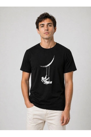 Barlashive Erkek Astronot Ay Temalı Tişört Kısa Kol Yazlık Bisiklet Yaka T-shirt - Siyah Çok Renkli