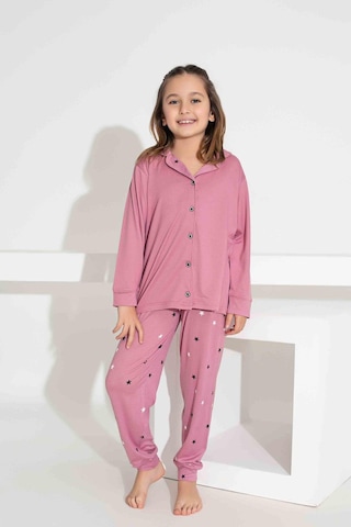 Kız Çocuk Yakası Kalp Desenli Düğmeli Uzun Kollu Pijama Takımı-961 Pembe