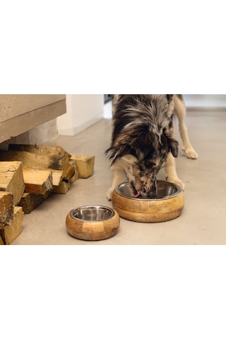 Beeztees Dbl Köpek Mama Su Kabı, Dışı Masif Ahşap, Paslanmaz Çelik, 21cm, 1300ml