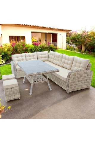 Riserva Rehome Rattan 2 Puflu Bahçe Köşe Takımı 606 Krem