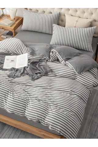 Caqqa Gray Collection Çift Kişilik Pamuk Lastikli Çarşaflı Nevresim Takımı Gri