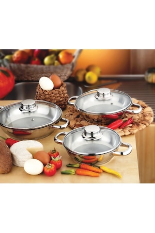 Gülsan Dide 6 Parça Paslanmaz Çelik Omlet Set Cam Kapak 16-18-20cm Inox