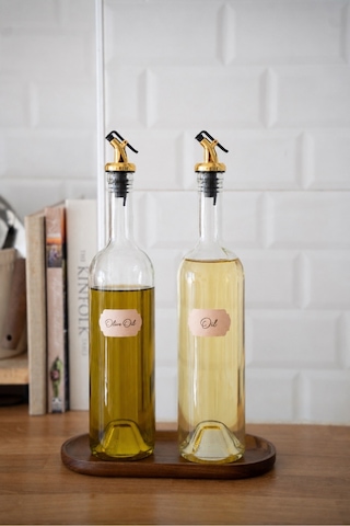 Akasya Standlı 2'li Cam Gold Başlıklı Yağdanlık Seti + 8 Etiket Şeffaf